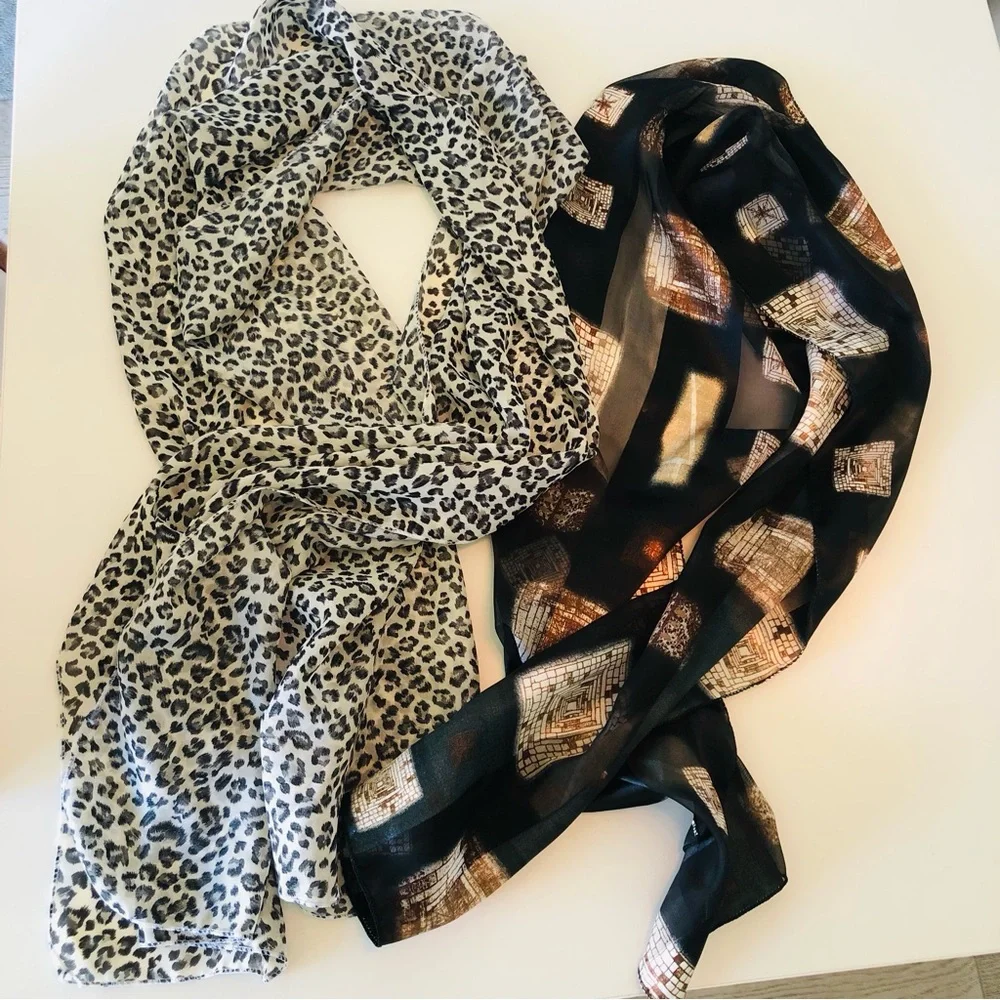 2 Silky Scarf Bundle, Animal Leopard Print & Abstract, Rectangle, 2 for 1 Trendy